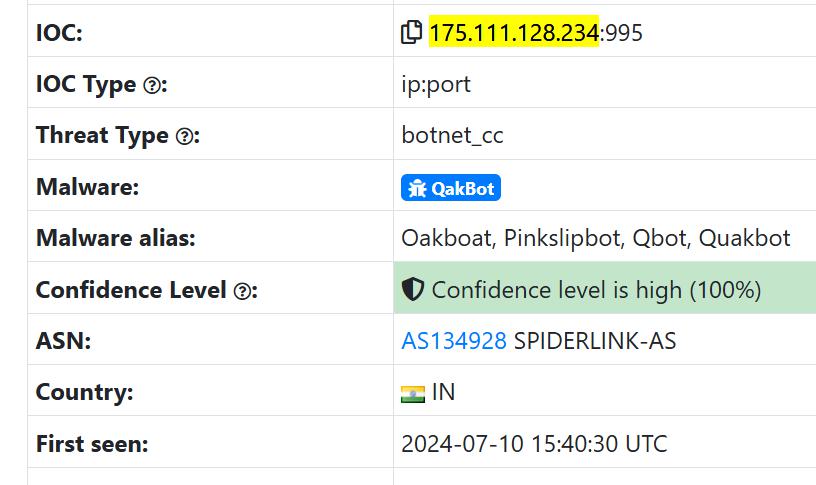 Figure 3. Indicators of Compromise sample, sourced from Threatfox