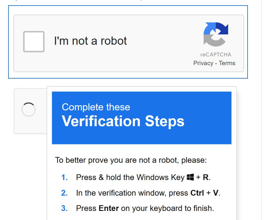 Figure 1. Fake reCAPTCHA page used to trick users into running a malicious command. (Sourced from GitHub)