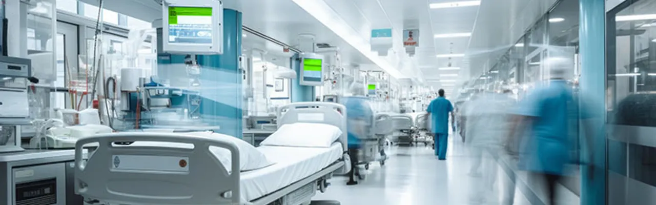 Hospital hallway with beds monitors and blurred figures of medical personnel walking