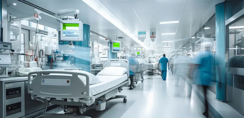 Hospital hallway with beds monitors and blurred figures of medical personnel walking